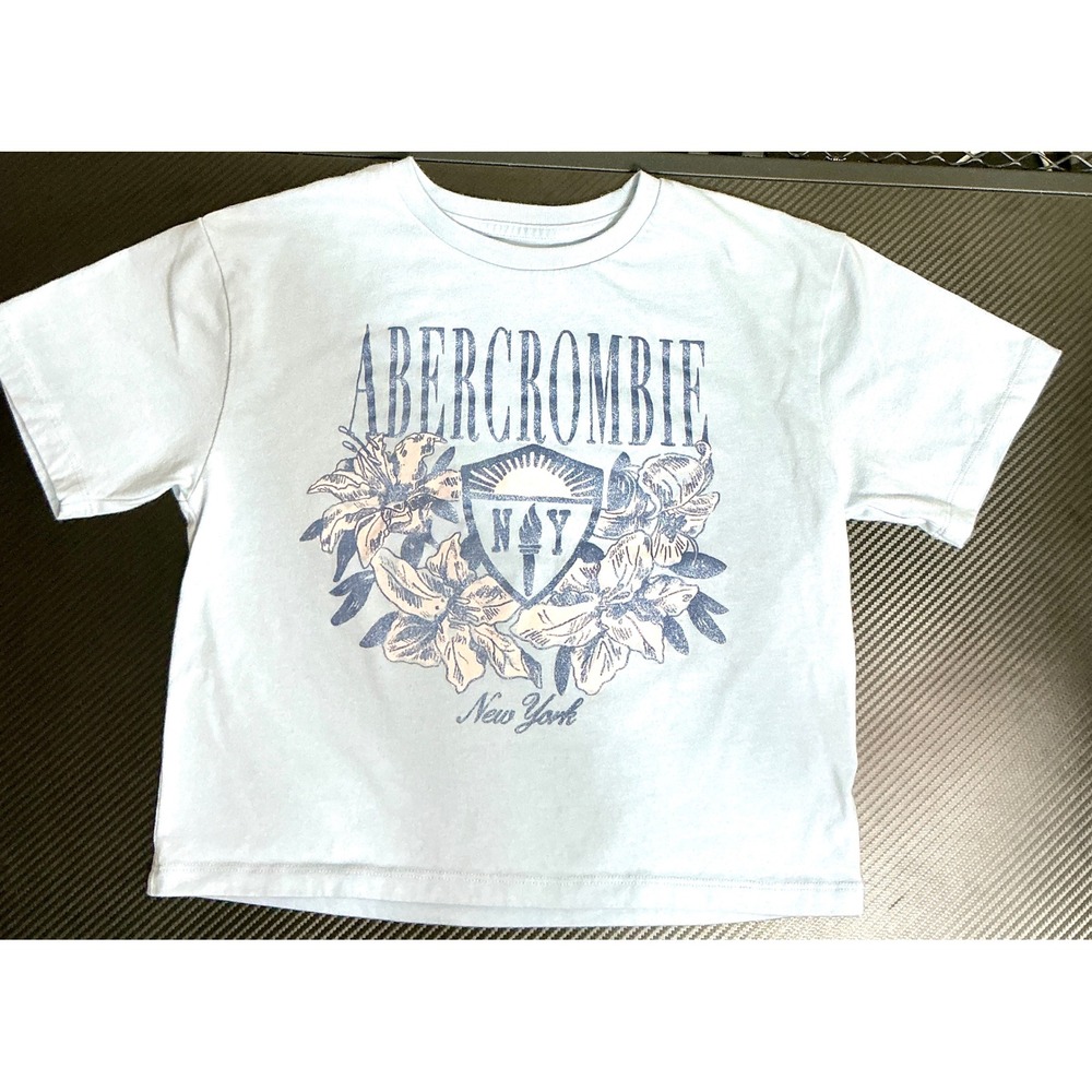 Abercrombie Kids Girls Blue Floral Graphic T-Shirt Size 9/10 New York Crest